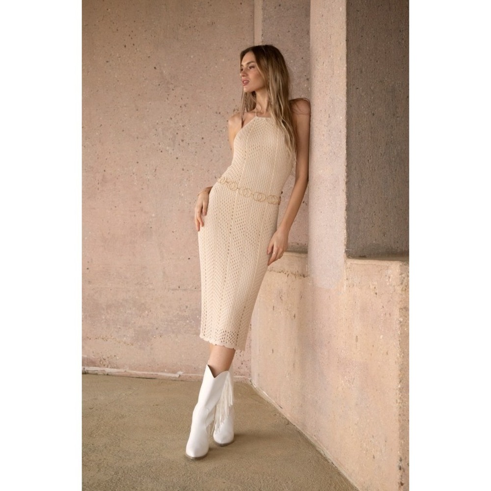 Lulus Sensational Sunshine Beige Crochet Halter Midi Dress - Size S